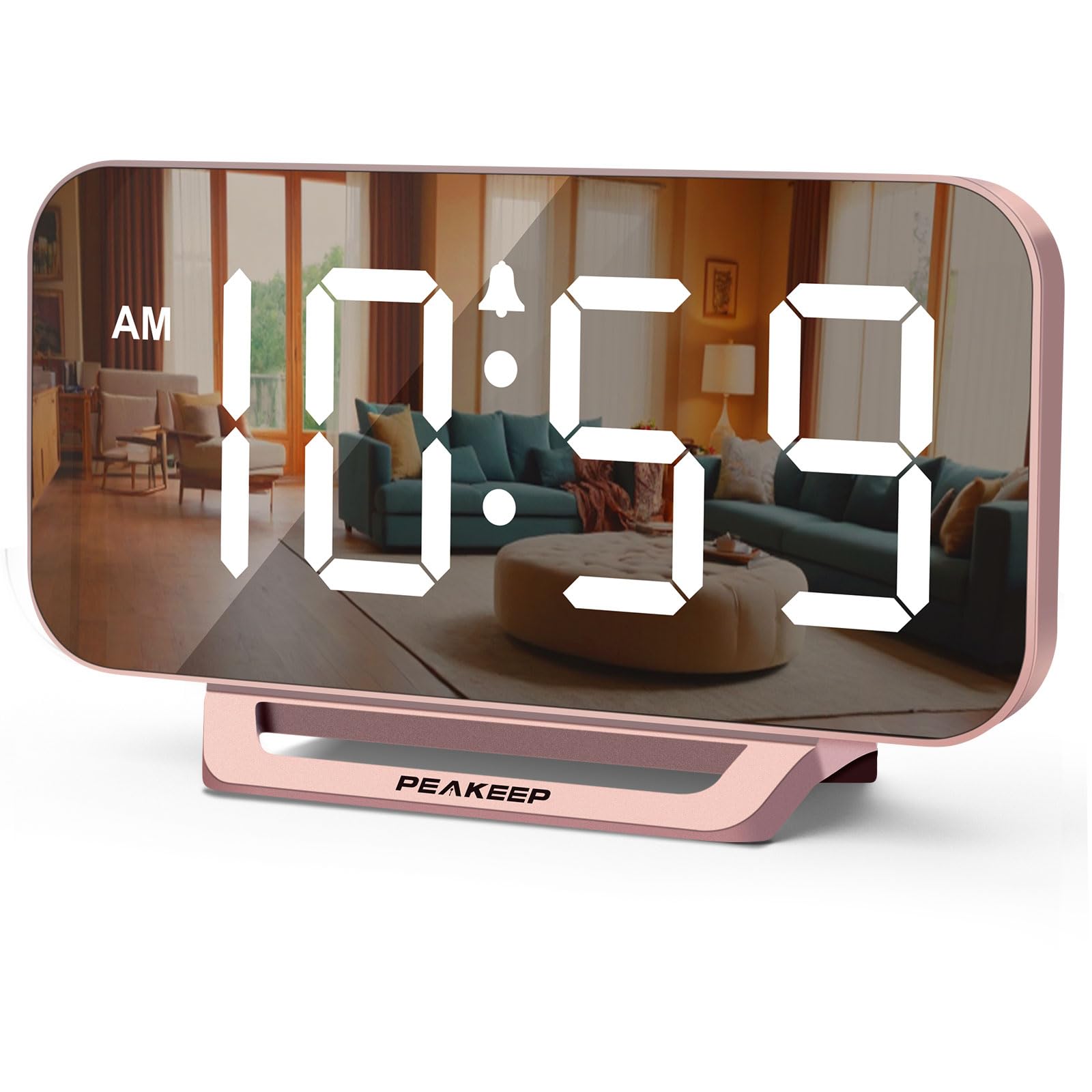 Peakeep Slim Digital Mirror Aesthetic Alarm Clock for Bedrooms Desk Decor - Plug in Electric Big LED Modern Small Clock for Office Living Room, Battery Backup, 6 Dimmers (Gold)