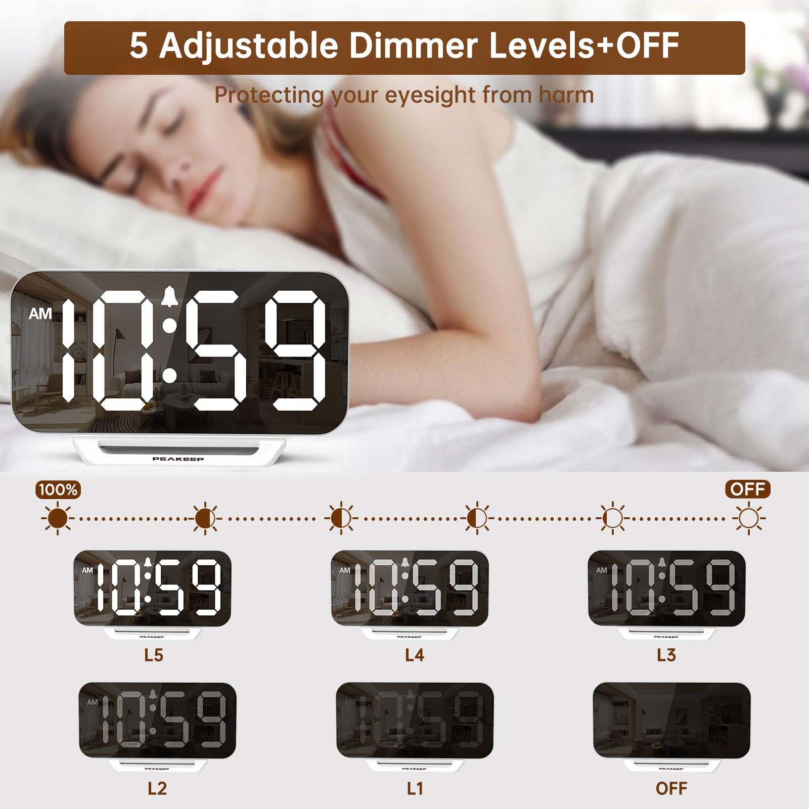 Peakeep Slim Digital Mirror Aesthetic Alarm Clock for Bedrooms Desk Decor - Plug in Electric Big LED Modern Small Clock for Office Living Room, Battery Backup, 6 Dimmers (Gold)