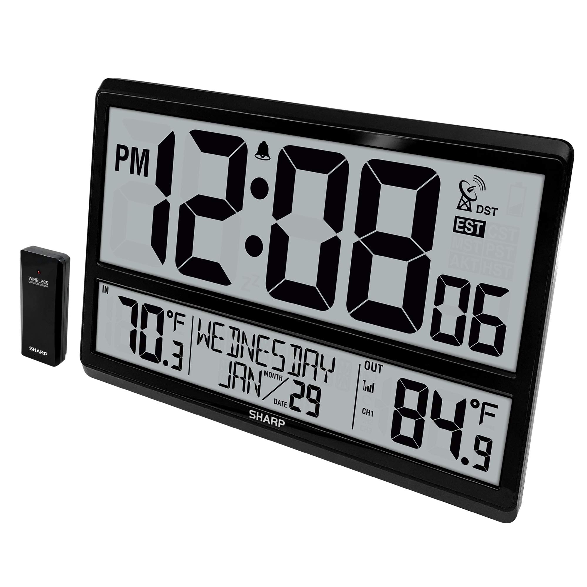 Sharp Atomic Clock - Never Needs Setting! –Easy to Read Numbers - Indoor/Outdoor Temperature, Wireless Outdoor Sensor - Battery Powered - Easy Set-Up (4" Numbers)
