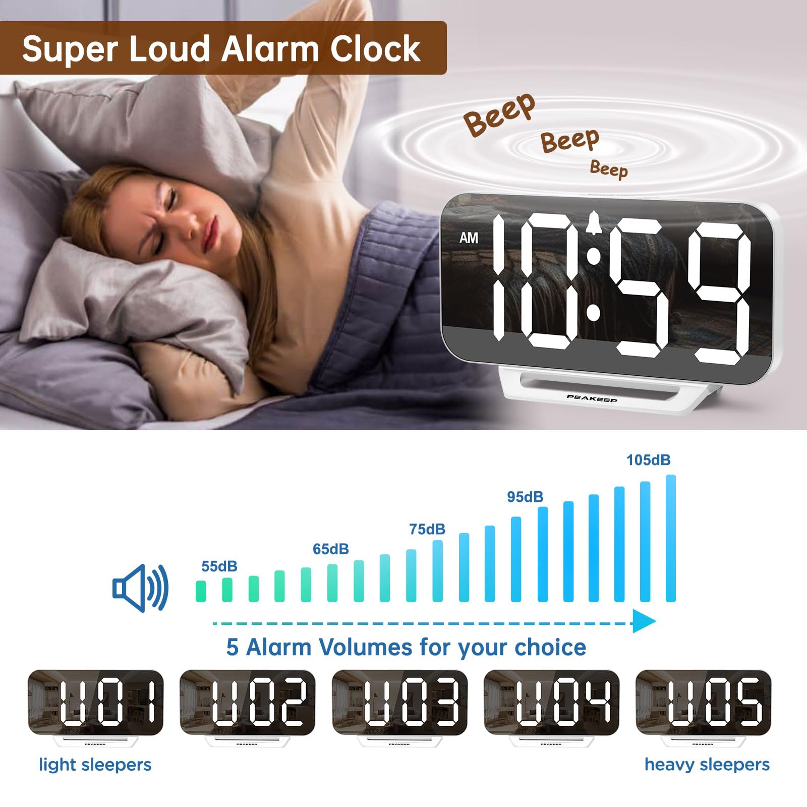 Peakeep Slim Digital Mirror Aesthetic Alarm Clock for Bedrooms Desk Decor - Plug in Electric Big LED Modern Small Clock for Office Living Room, Battery Backup, 6 Dimmers (Gold)
