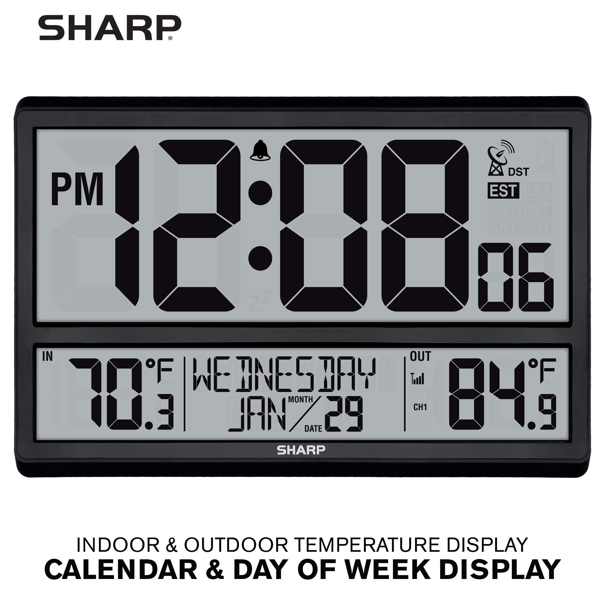Sharp Atomic Clock - Never Needs Setting! –Easy to Read Numbers - Indoor/Outdoor Temperature, Wireless Outdoor Sensor - Battery Powered - Easy Set-Up (4" Numbers)