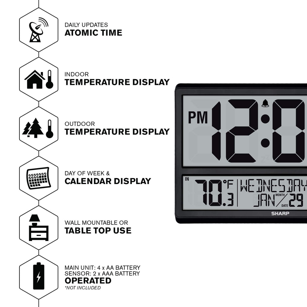 Sharp Atomic Clock - Never Needs Setting! –Easy to Read Numbers - Indoor/Outdoor Temperature, Wireless Outdoor Sensor - Battery Powered - Easy Set-Up (4" Numbers)