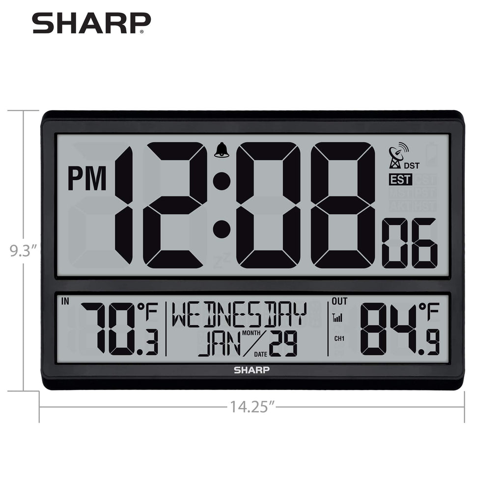 Sharp Atomic Clock - Never Needs Setting! –Easy to Read Numbers - Indoor/Outdoor Temperature, Wireless Outdoor Sensor - Battery Powered - Easy Set-Up (4" Numbers)