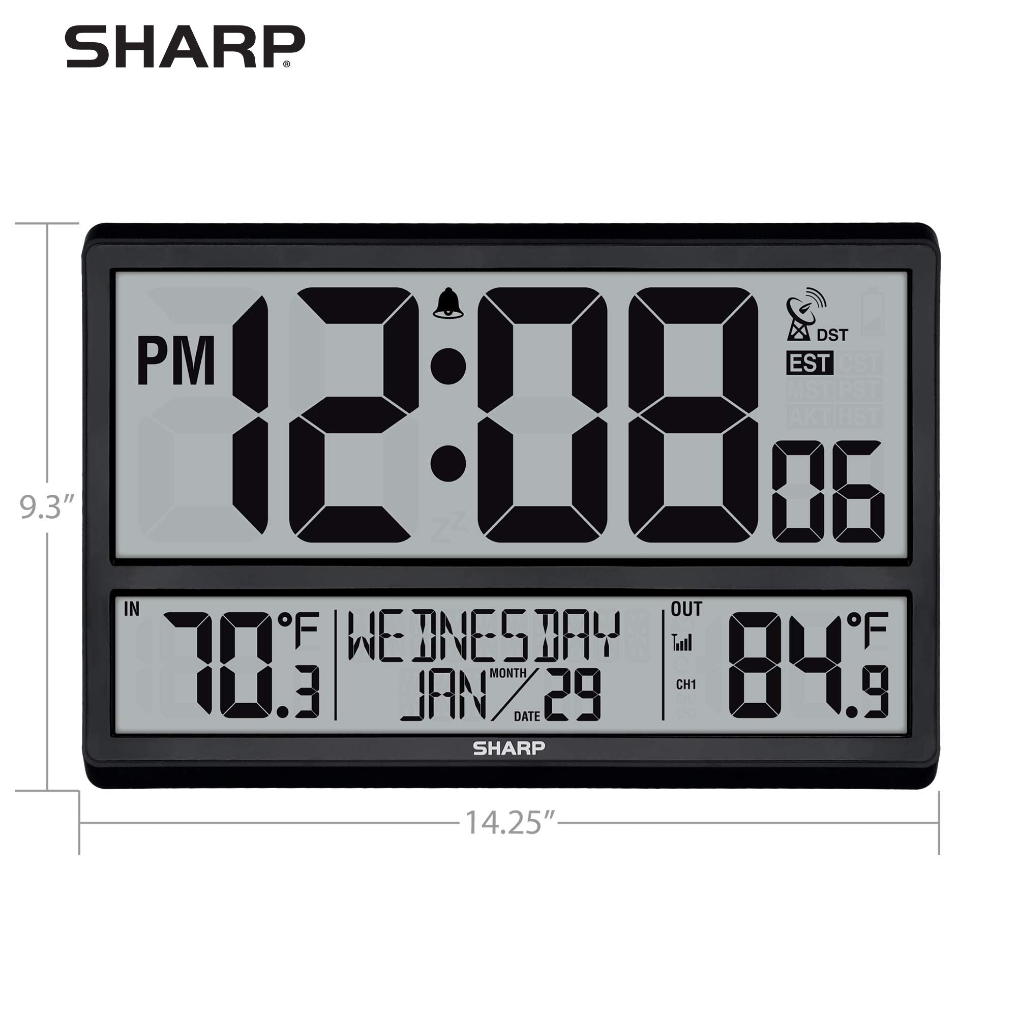 Sharp Atomic Clock - Never Needs Setting! –Easy to Read Numbers - Indoor/Outdoor Temperature, Wireless Outdoor Sensor - Battery Powered - Easy Set-Up (4" Numbers)