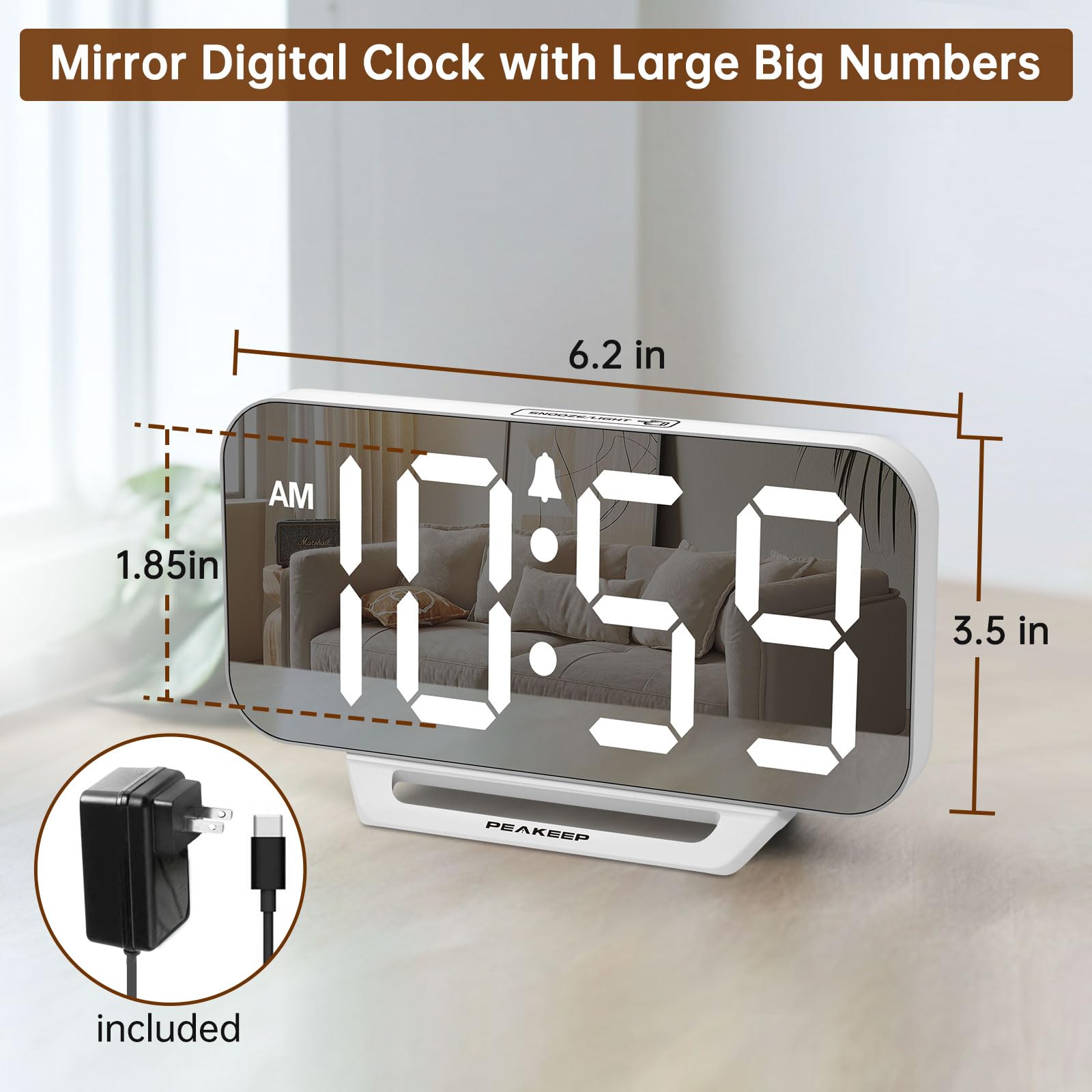 Peakeep Slim Digital Mirror Aesthetic Alarm Clock for Bedrooms Desk Decor - Plug in Electric Big LED Modern Small Clock for Office Living Room, Battery Backup, 6 Dimmers (Gold)