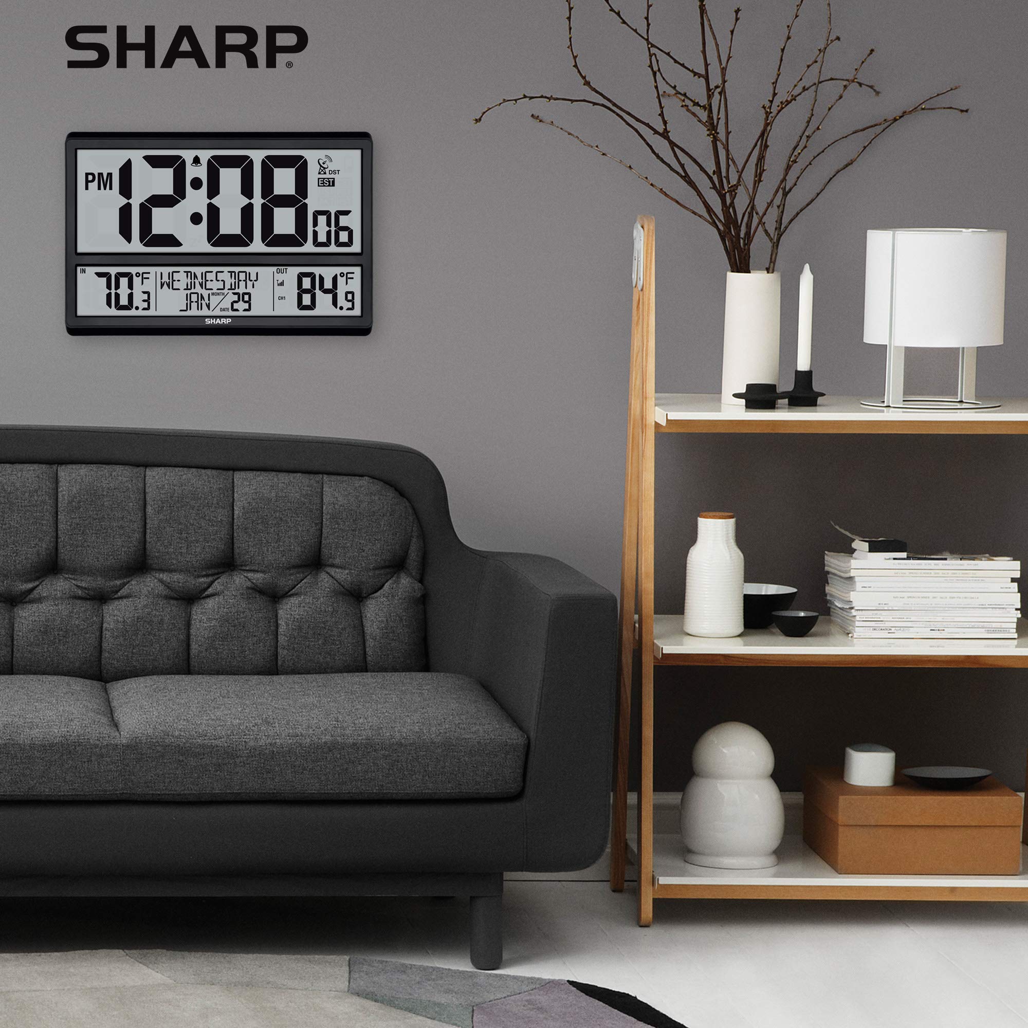 Sharp Atomic Clock - Never Needs Setting! –Easy to Read Numbers - Indoor/Outdoor Temperature, Wireless Outdoor Sensor - Battery Powered - Easy Set-Up (4" Numbers)