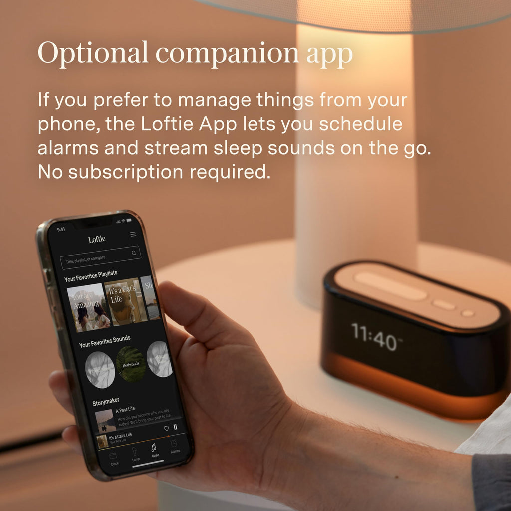 Loftie Alarm Clock with Sound Machine – Smart Alarm Clock with Night Light, White Noise, Bluetooth Speaker, 100+ Sounds Included Free, No Subscription Required, Blackout Mode- Black